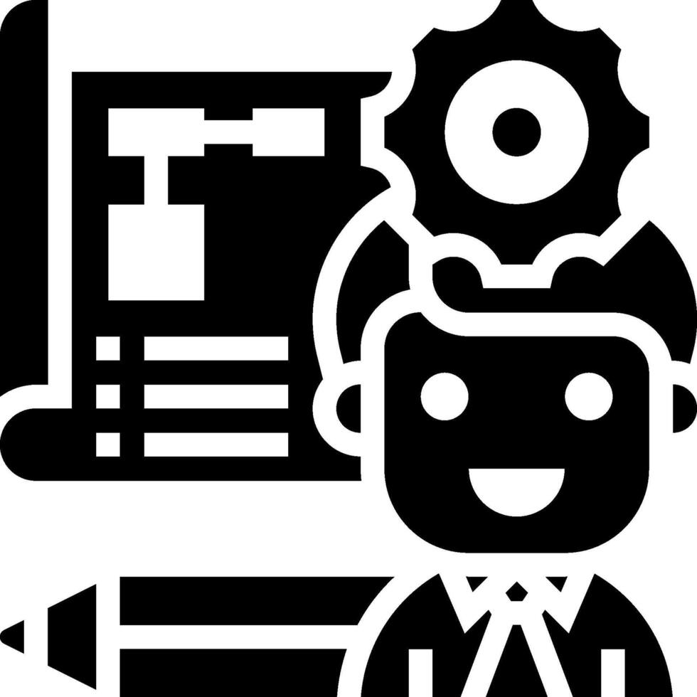 A black and white icon of a man holding a pencil and a computer vector