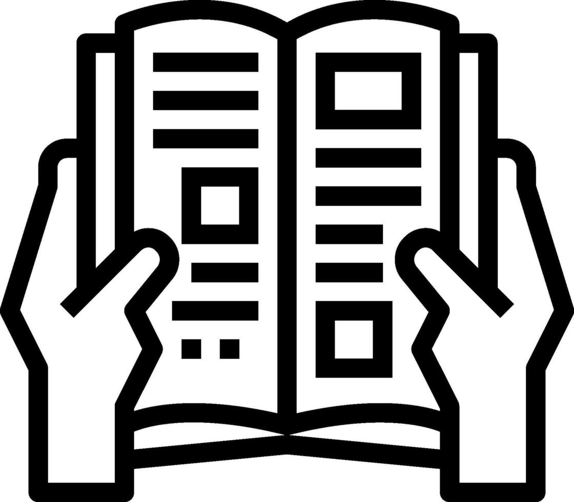 A black and white icon of two hands holding a book vector