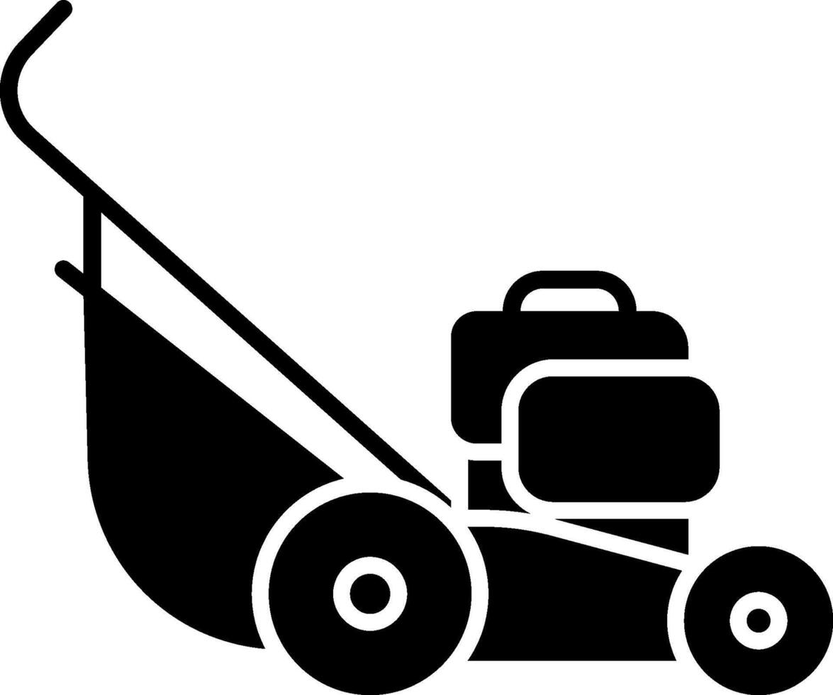 A lawn mower is shown in black and white vector