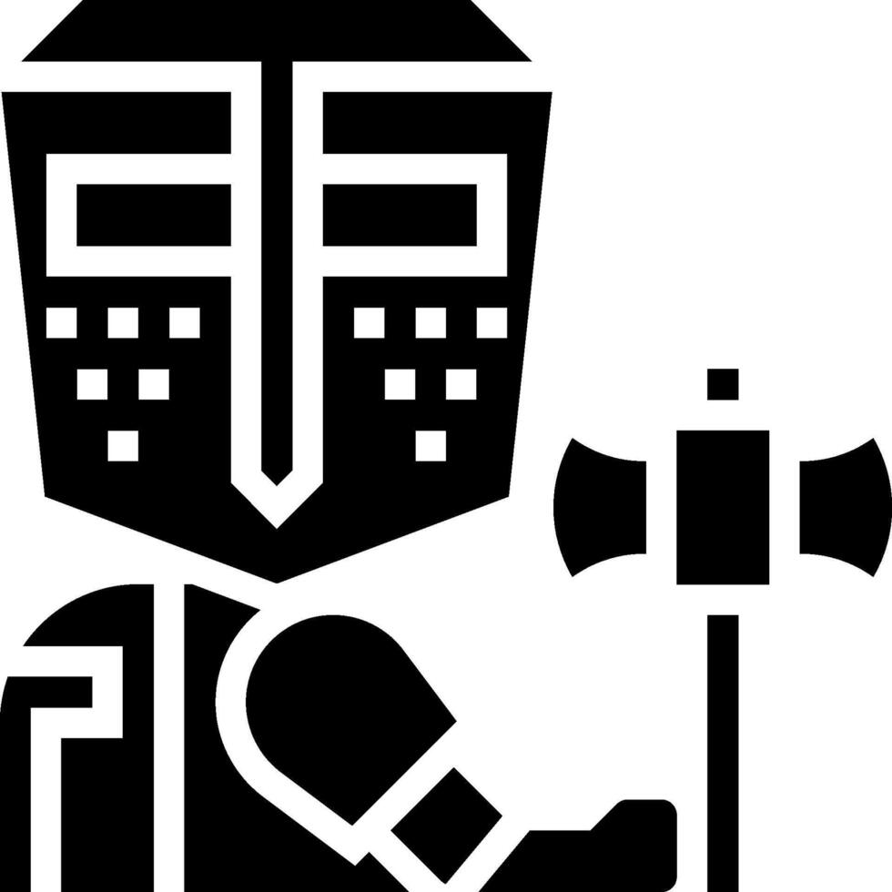 A black and white illustration of a knight holding a hammer vector