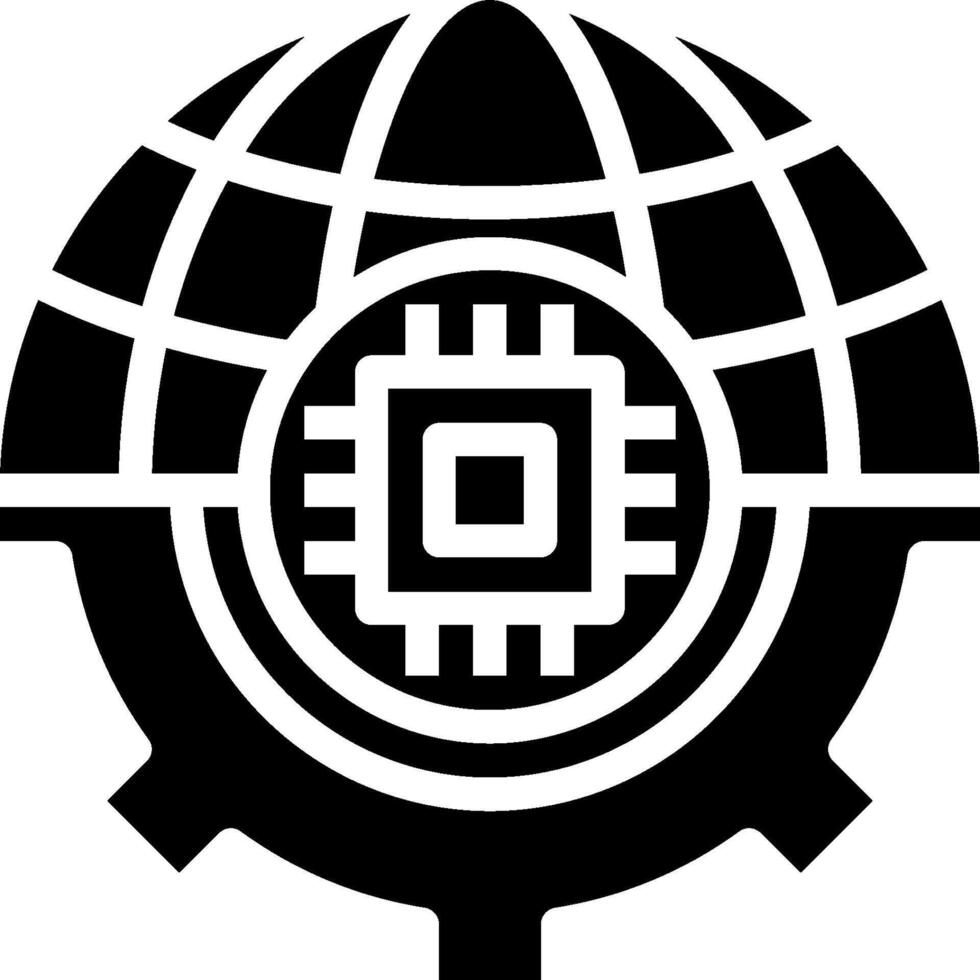 A black and white logo of a globe with a computer chip vector