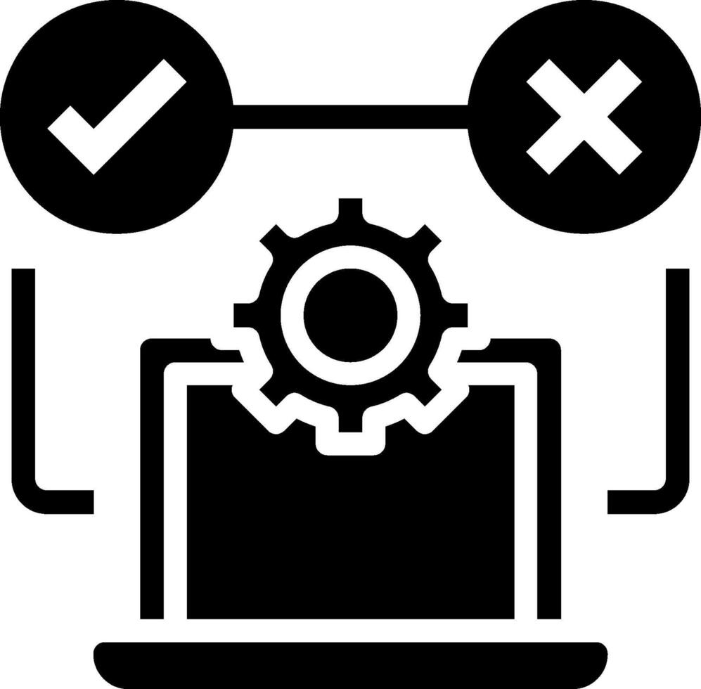 A black and white icon of a laptop with a gear wheel vector