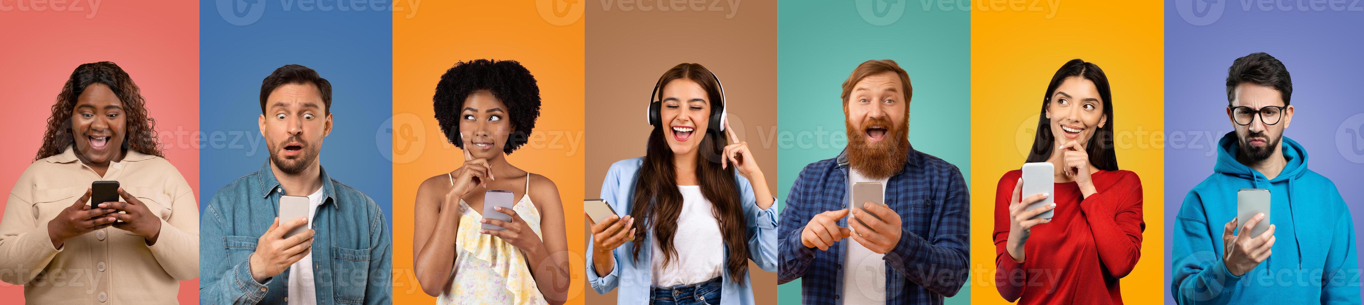 A group of seven friends express various emotions while interacting with their smartphones, set against vibrant colored backgrounds. Each person showcases their unique style and mood. photo