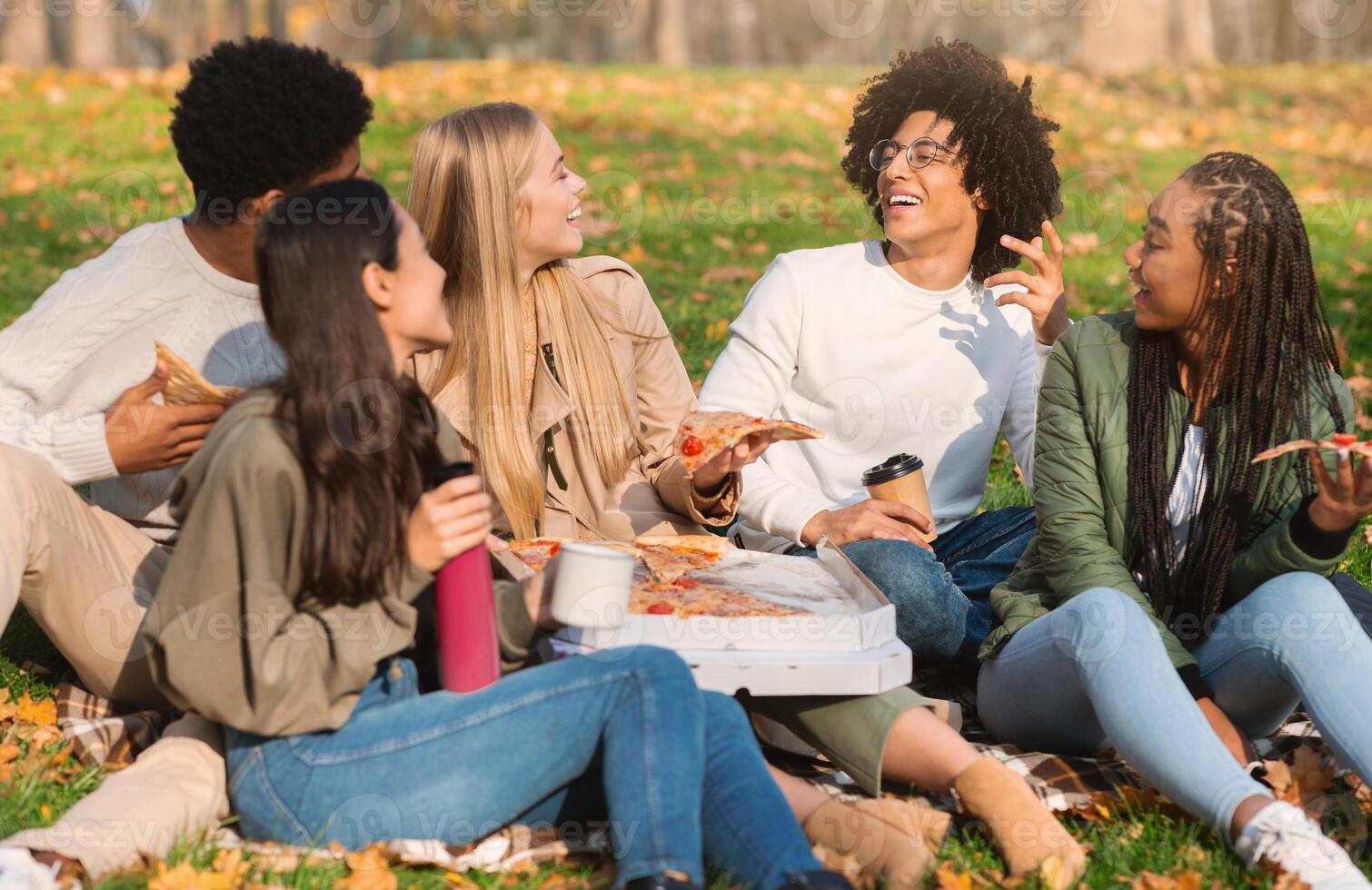 Cheerful closed international friends having fun at park, eating pizza photo