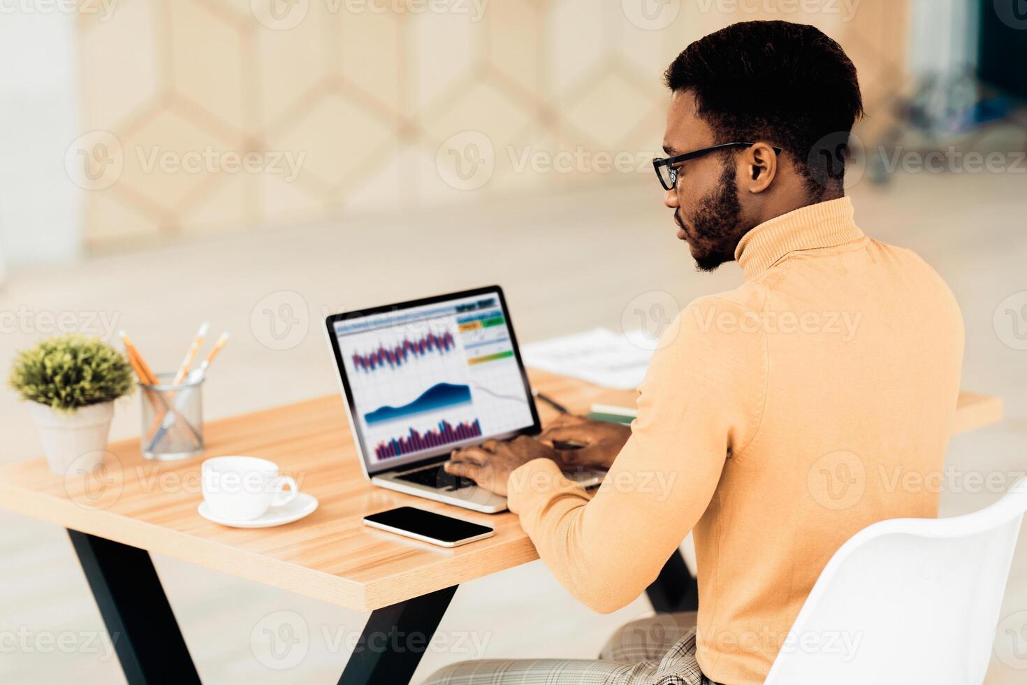 Computer Screen With Graphics And Chart. Rear view of african american businessman working on laptop with graphs photo