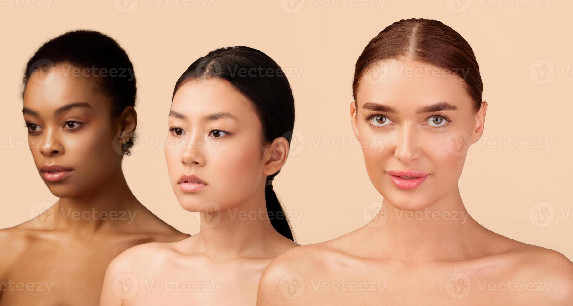 Three Naked Multiethnic Girls Posing In Studio Over White Background. Diverse Female Beauty Beauty. Panorama, Selective Focus photo