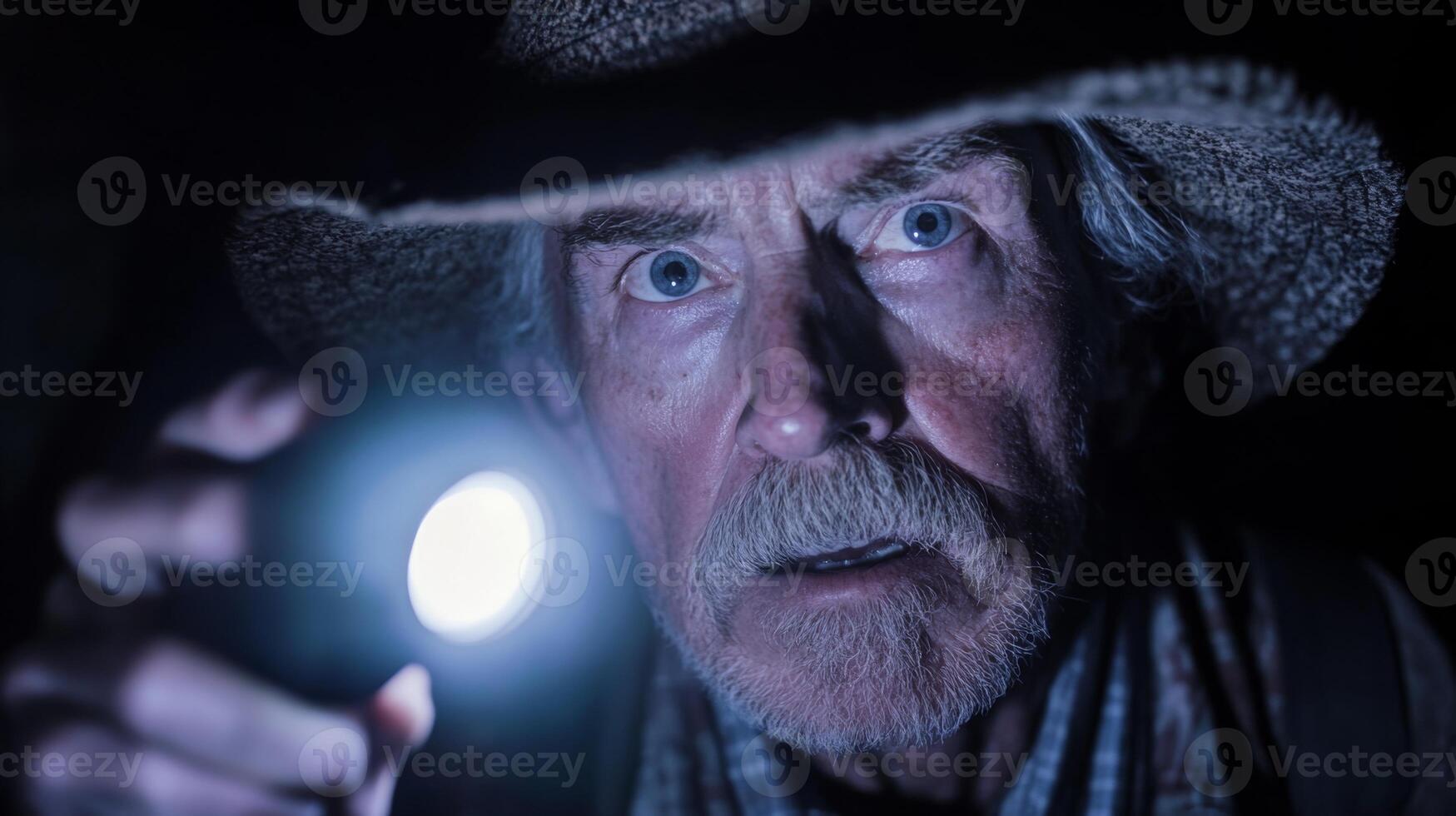A man with a long beard, mustache, and a wide-brimmed hat holds a flashlight in front of his face and stares directly at the camera. The man is in a darkened setting. photo
