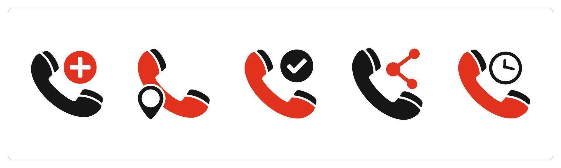 A set of 5 Contact icons as add call, call location, right call, share call vector