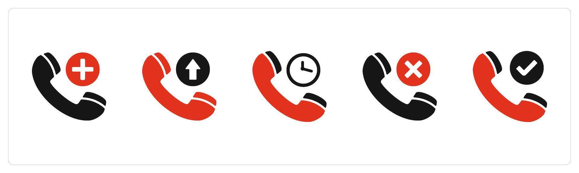 A set of 5 Contact icons as add call, pick call, call time, remove call vector