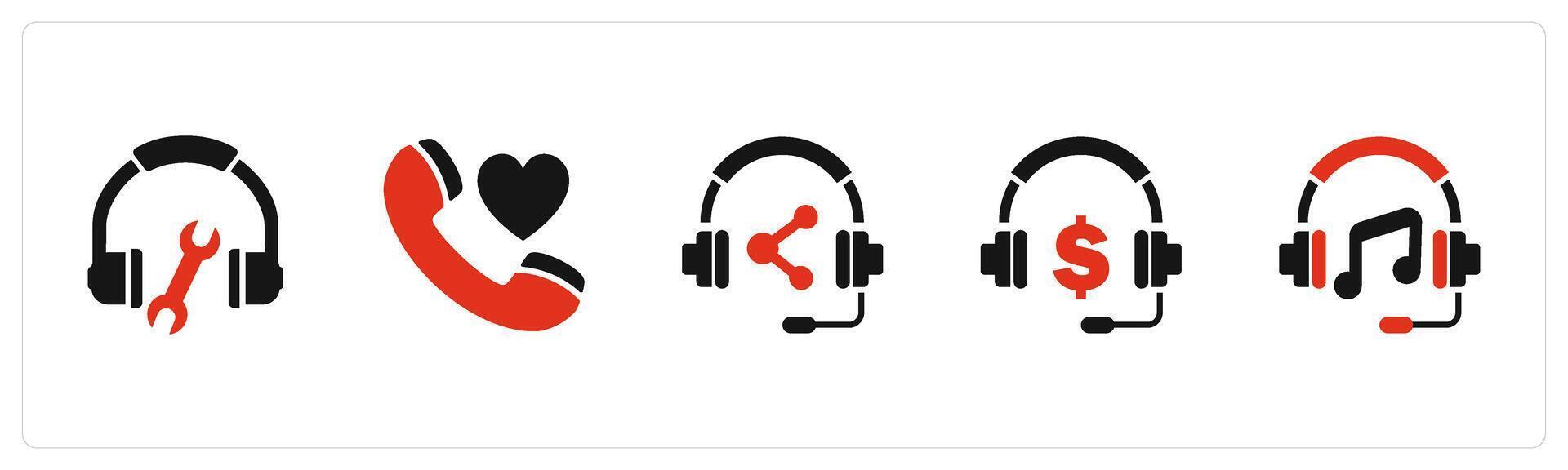 A set of 5 Contact icons as headphone maintenance, favorite call, share music vector