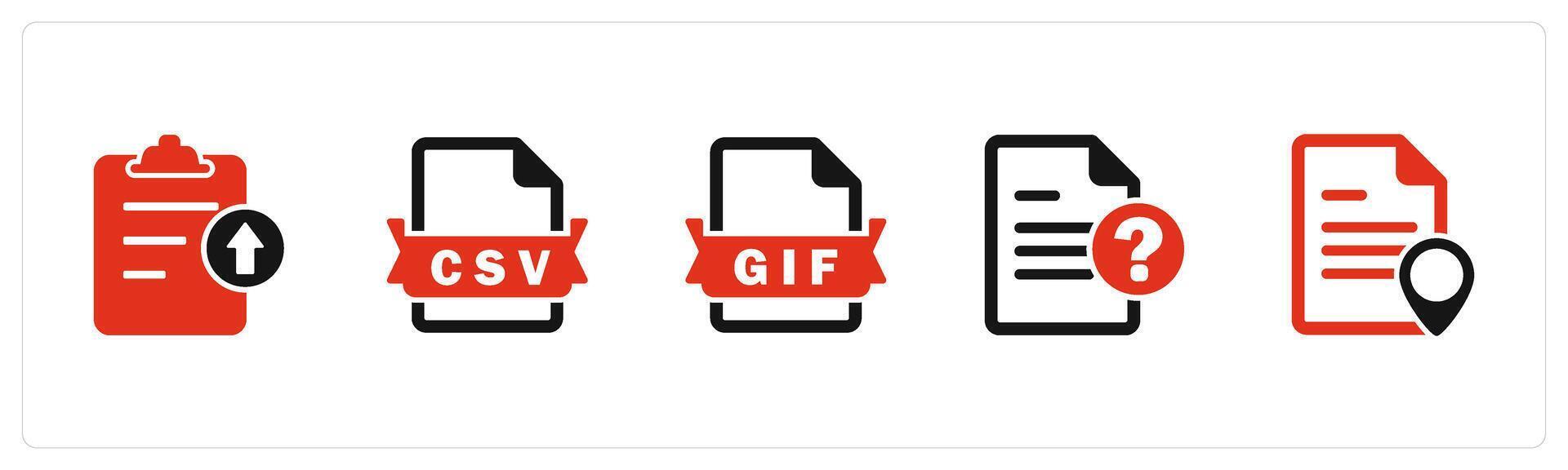 A set of 5 Document icons as upload file, csv file, gif file vector