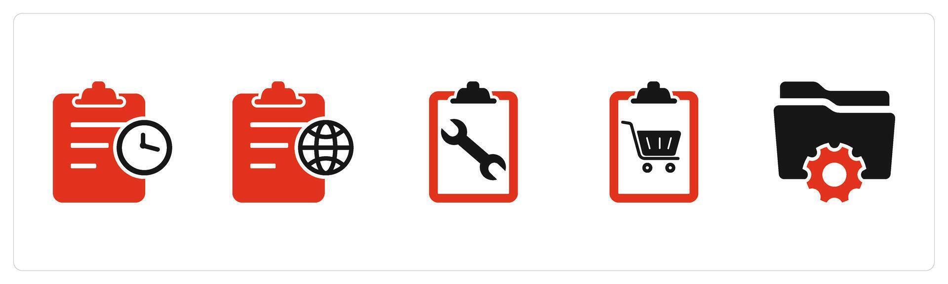 A set of 5 Document icons as page time, global page, page settings vector