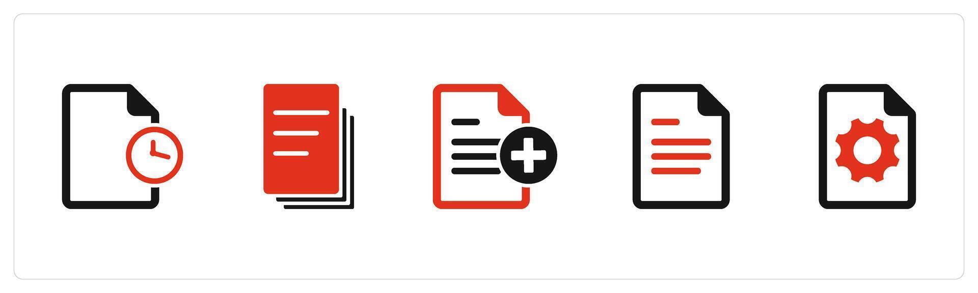 A set of 5 Document icons as document time, duplicate copy, create page vector