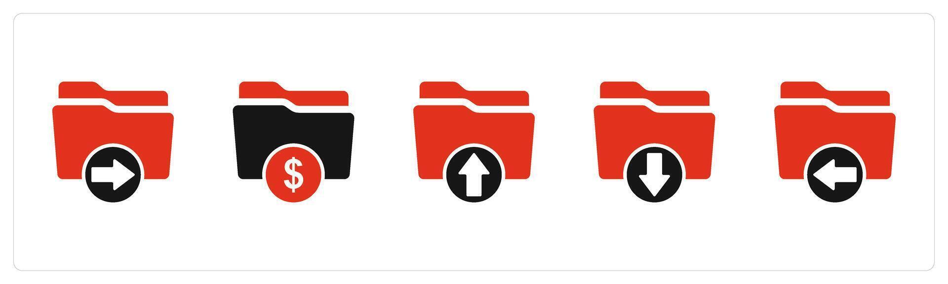 A set of 5 Document icons as search folder, finance folder, upload folder vector