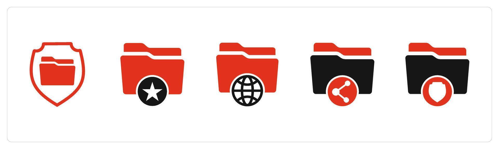 A set of 5 Document icons as file security, favorite folder, international folder vector