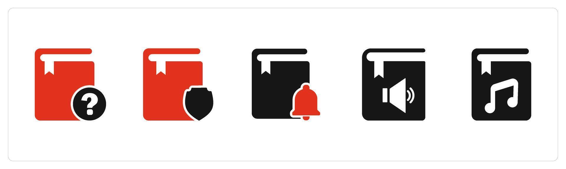 A set of 5 Document icons as question book, book protection, book notification vector