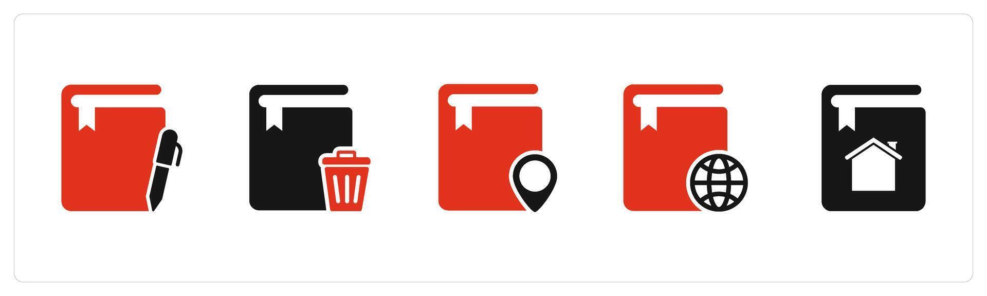 A set of 5 Document icons as notepad, trash book, location book vector