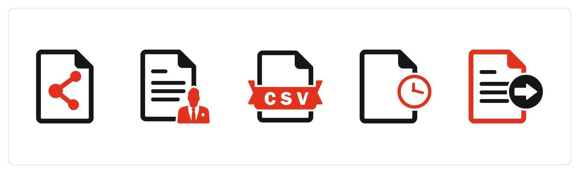 A set of 5 Document icons as share document, document, csv file vector