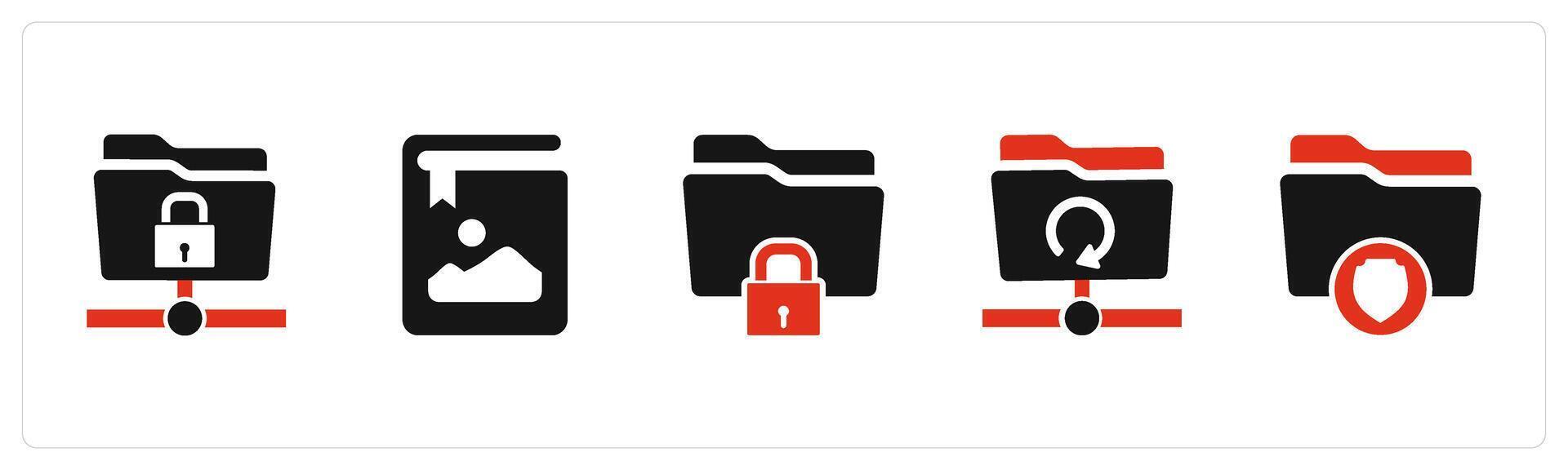 A set of 5 Document icons as folder protection, image book, folder security vector