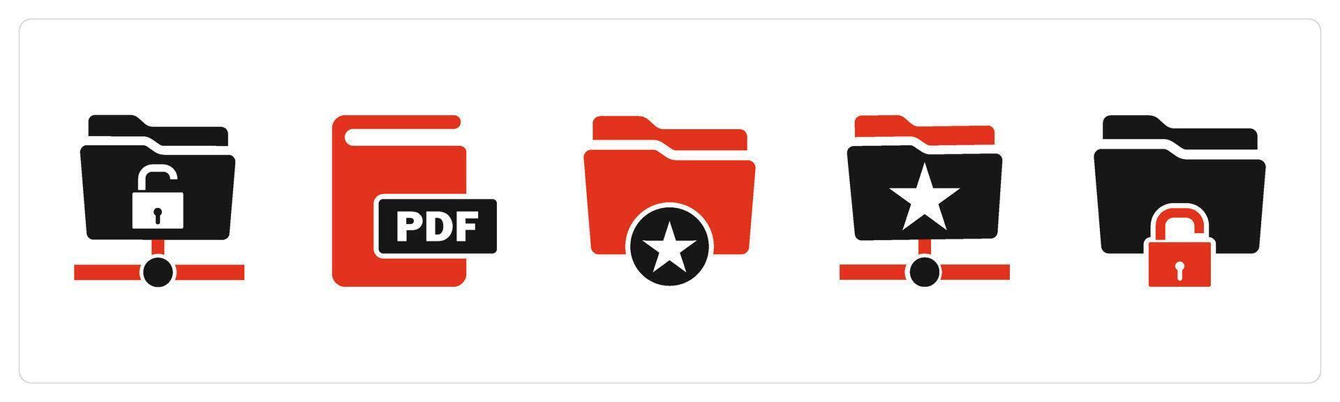 A set of 5 Document icons as folder protection, pdf book, favorite folder vector