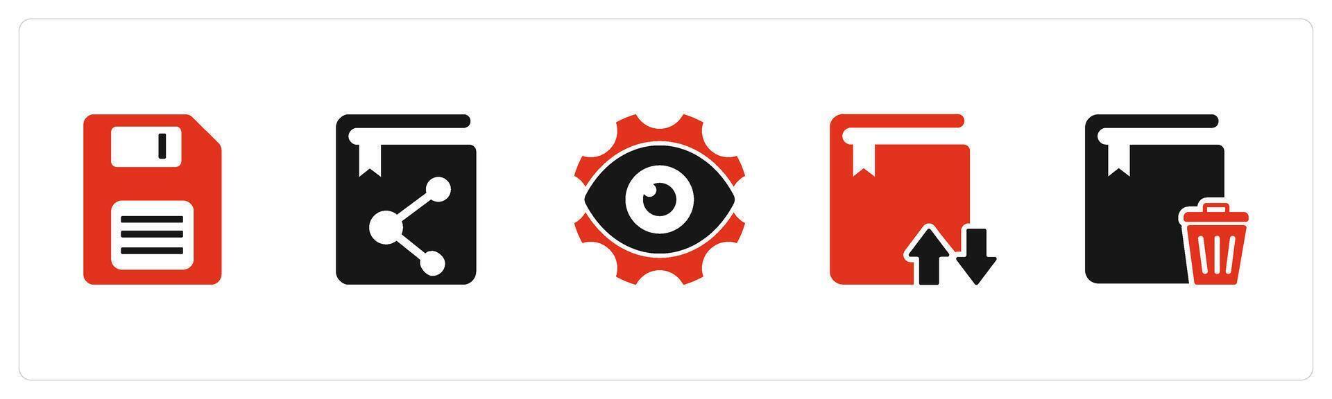 A set of 5 Document icons as memory card, share book, view settings vector