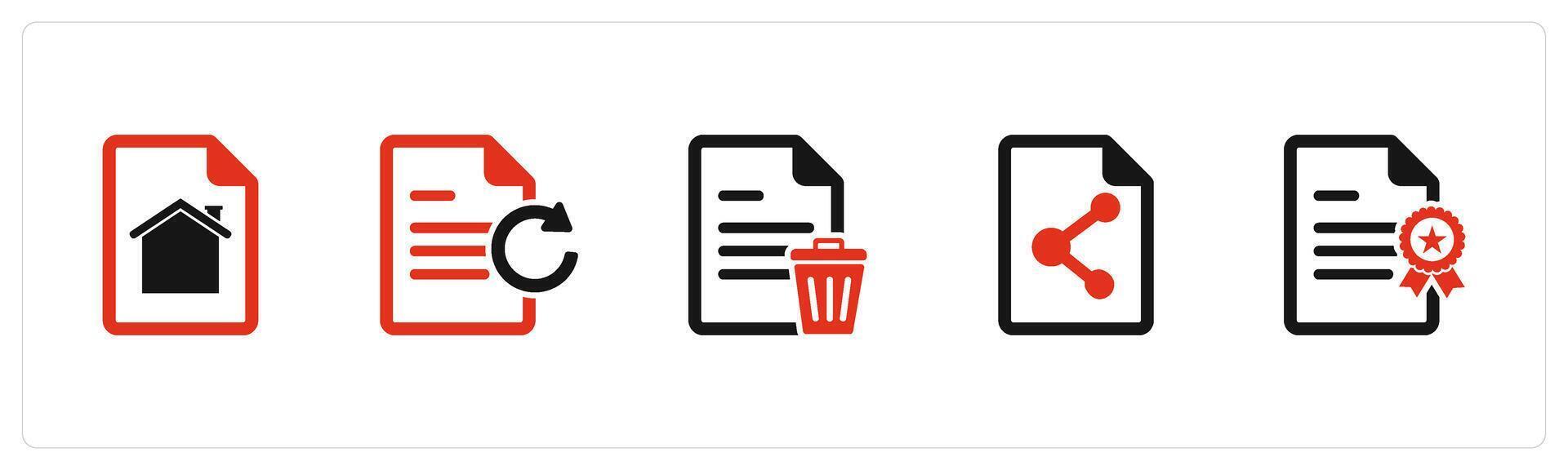 A set of 5 Document icons as home page, update document, trash page vector