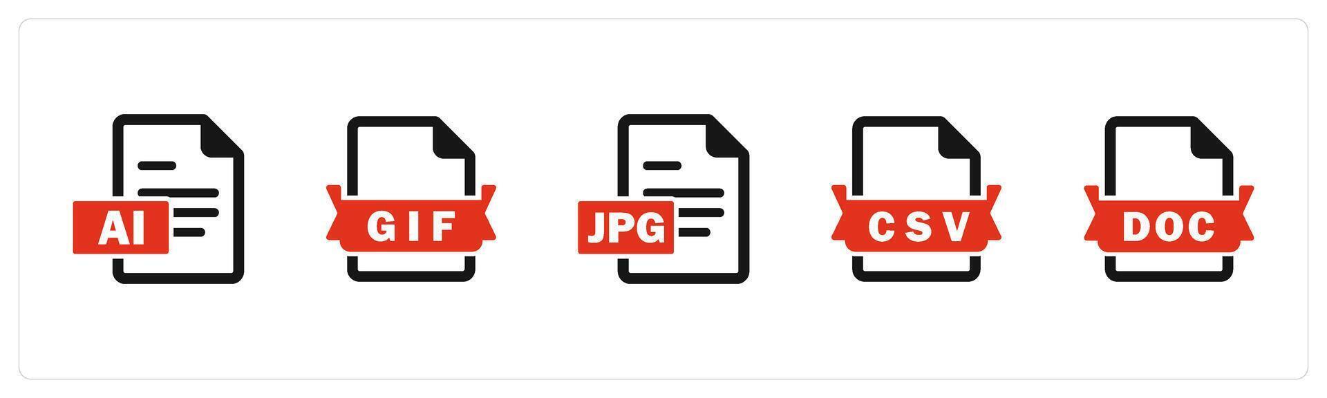 A set of 5 Document icons as ai file, gif file, jpg file vector
