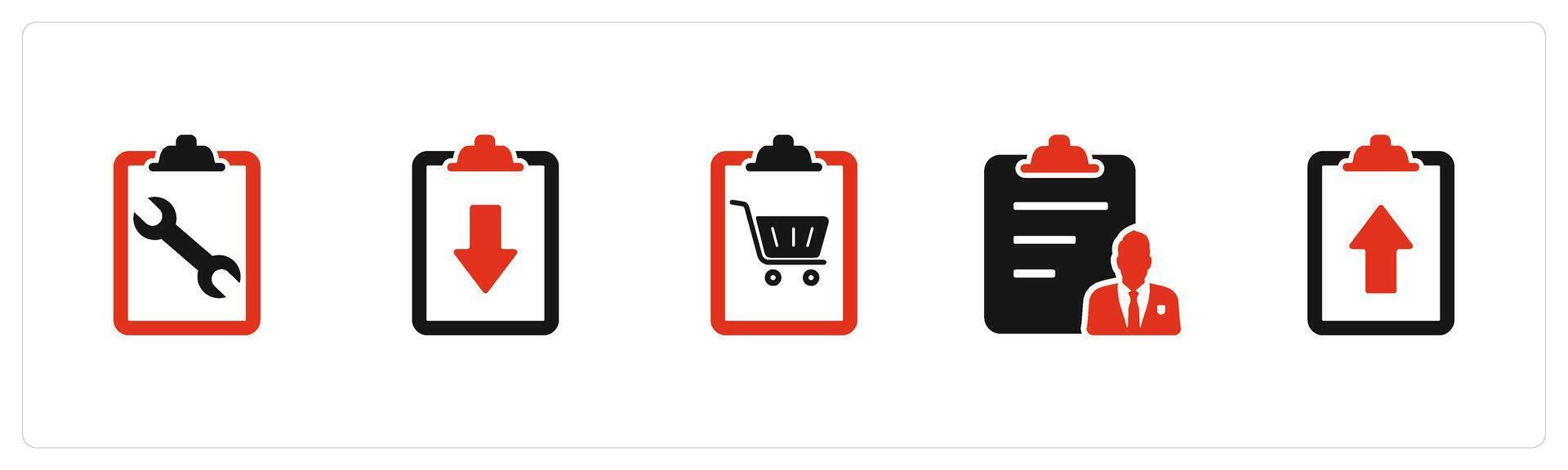 A set of 5 Document icons as page settings, download page, shopping list vector