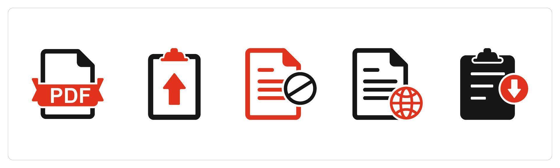 A set of 5 Document icons as pdf file, upload page, document prohibited vector