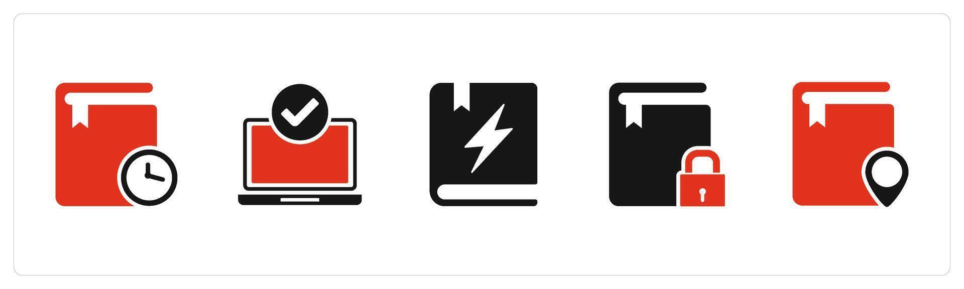 A set of 5 Document icons as study on time, approved laptop, book vector