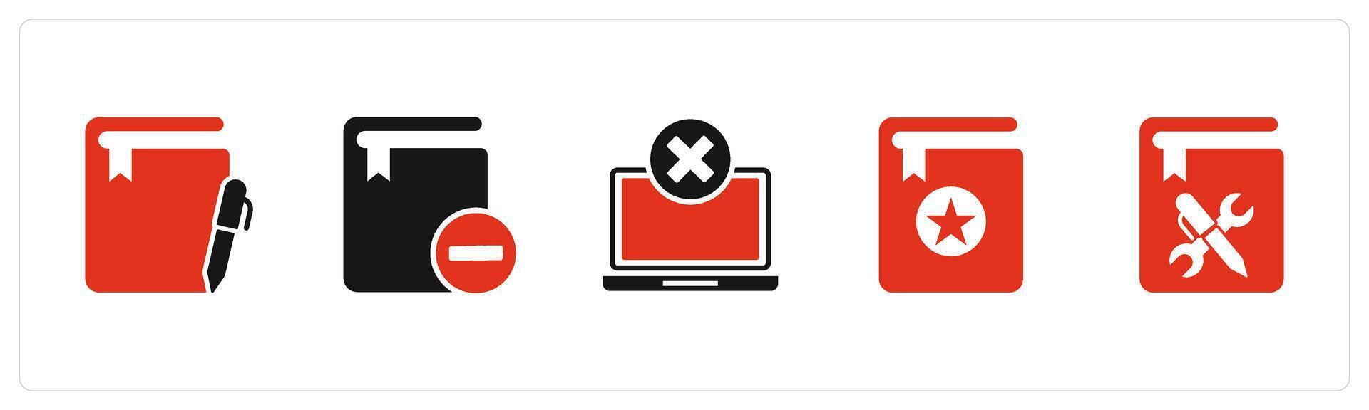 A set of 5 Document icons as notepad, remove book, wrong laptop vector