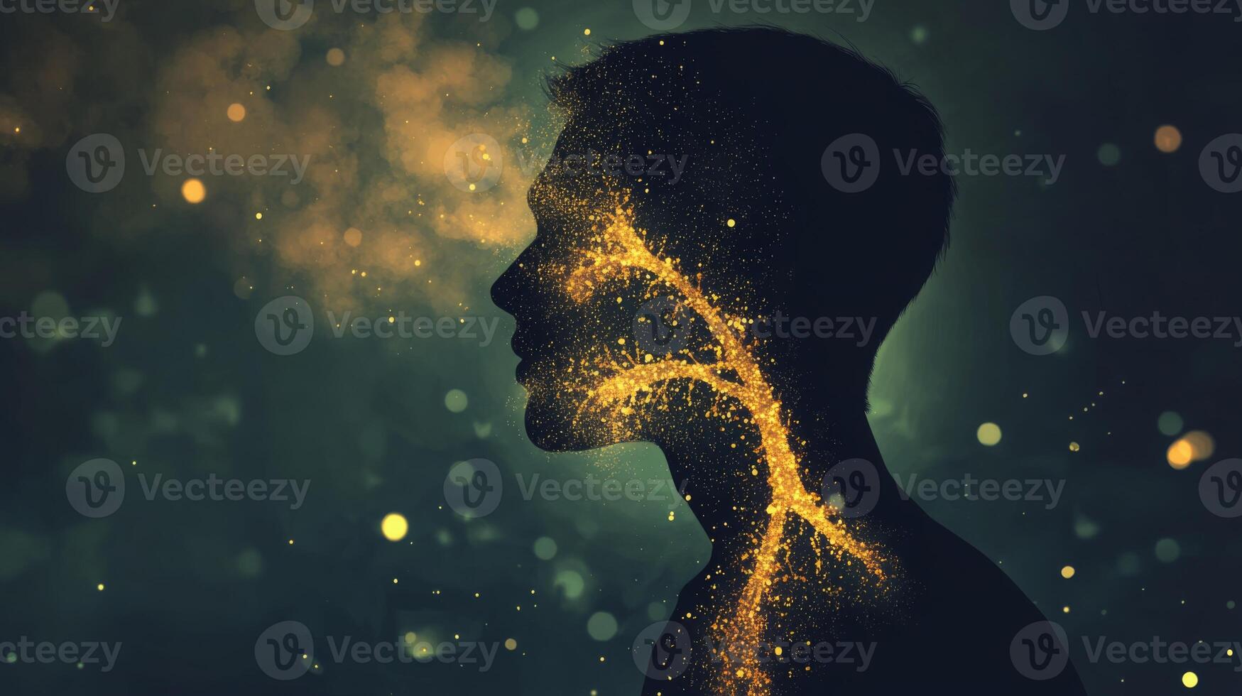 A person's silhouette is depicted in profile, with their face turned slightly to the right. The figure is outlined in a dark color against a background of dark green and black photo