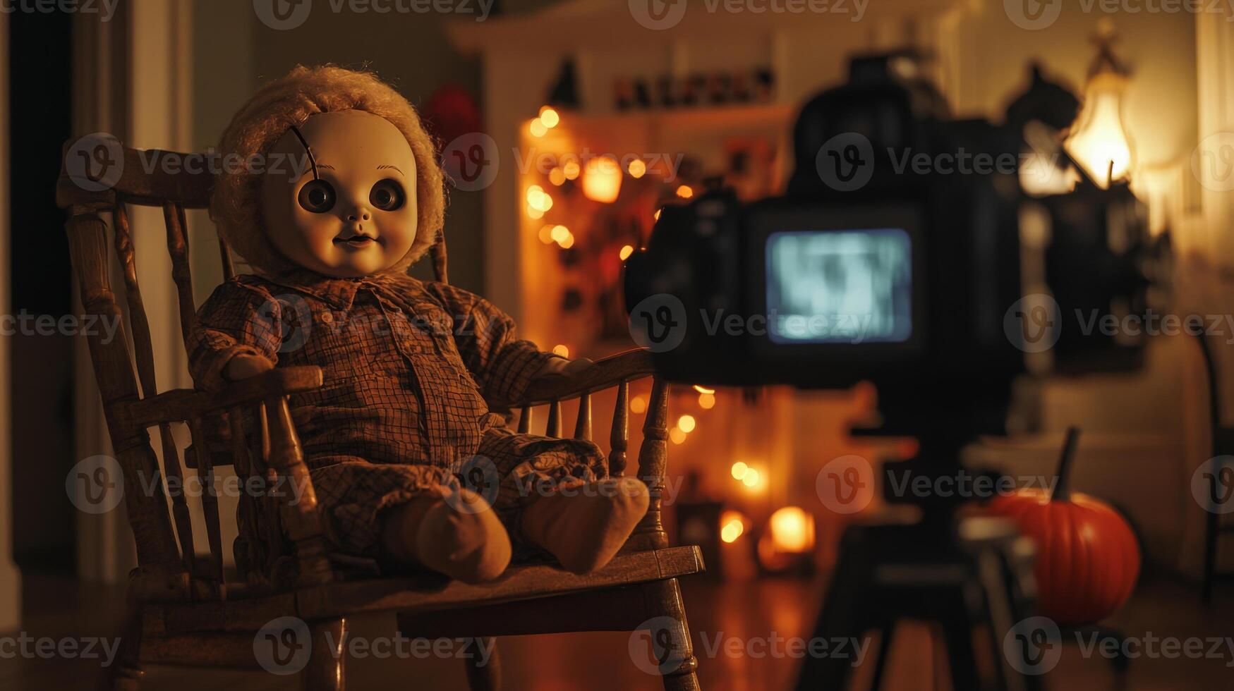 A doll with an eerie expression sits on a rocking chair, facing a camera. The room is softly illuminated by warm lights and autumn decorations, creating an intriguing and spooky atmosphere. photo