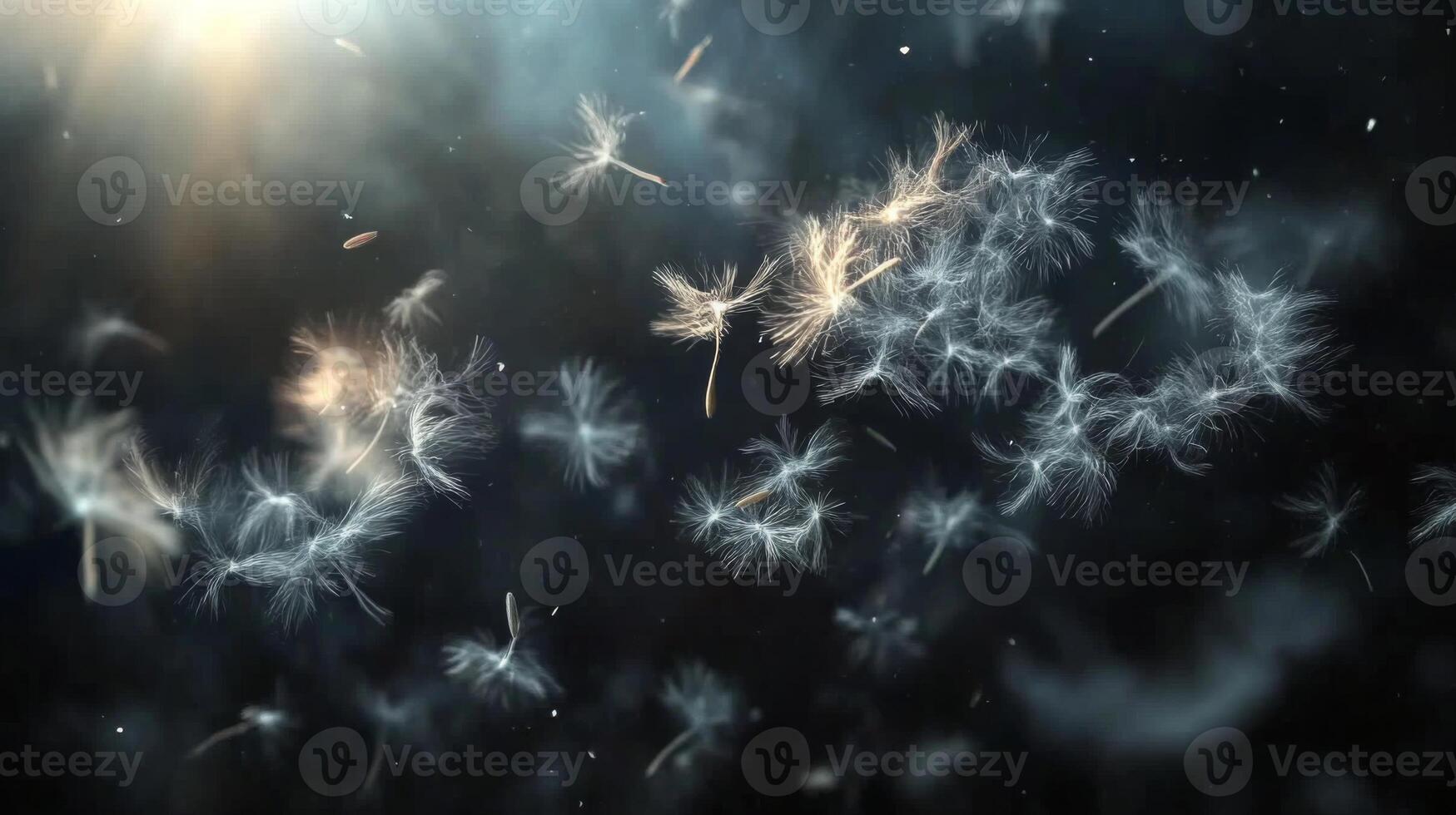 Delicate dandelion seeds drift through the air, illuminated by soft sunlight. The scene captures the beauty of nature's gentle movement, creating an ethereal atmosphere of tranquility and freedom. photo