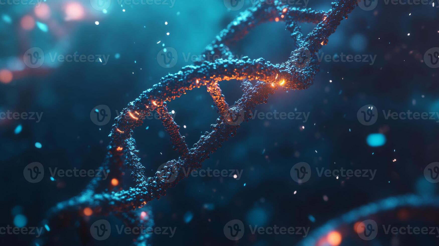 This captivating image shows a detailed DNA double helix in a vivid blue background, featuring glowing orange highlights amidst shimmering particles. photo
