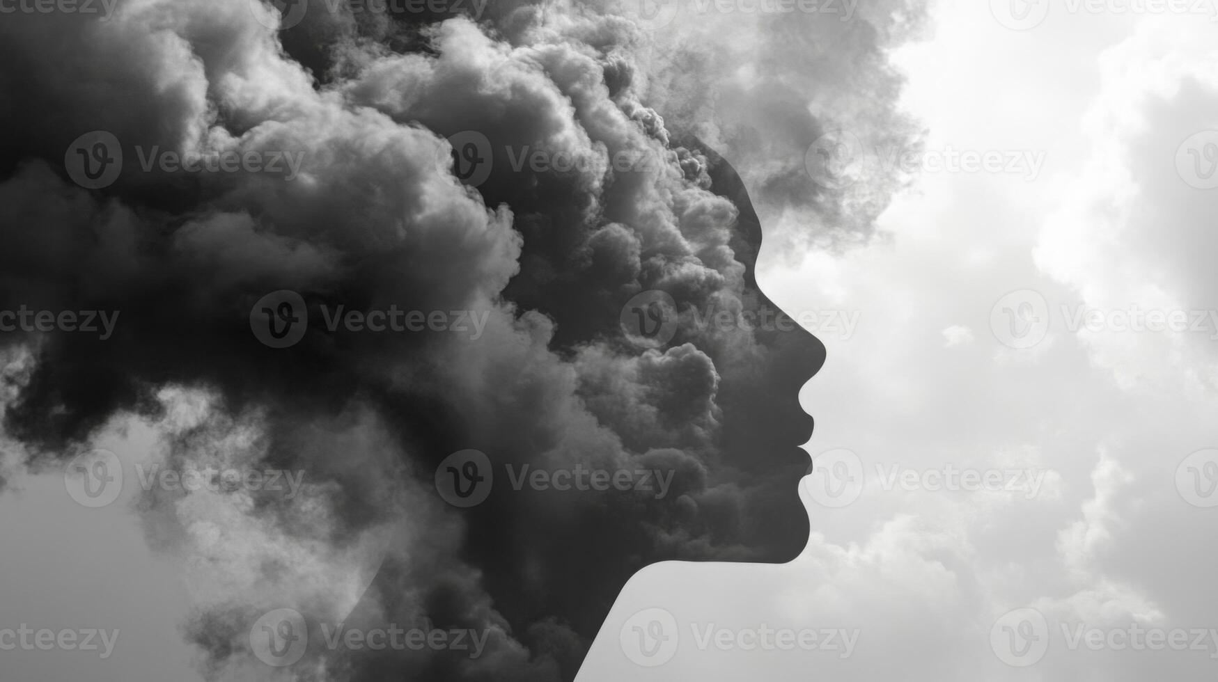 A silhouette of a woman emerges from dark, swirling clouds, blending with the sky. The image conveys deep thoughts and emotions, illustrating the connection between nature and human experience. photo