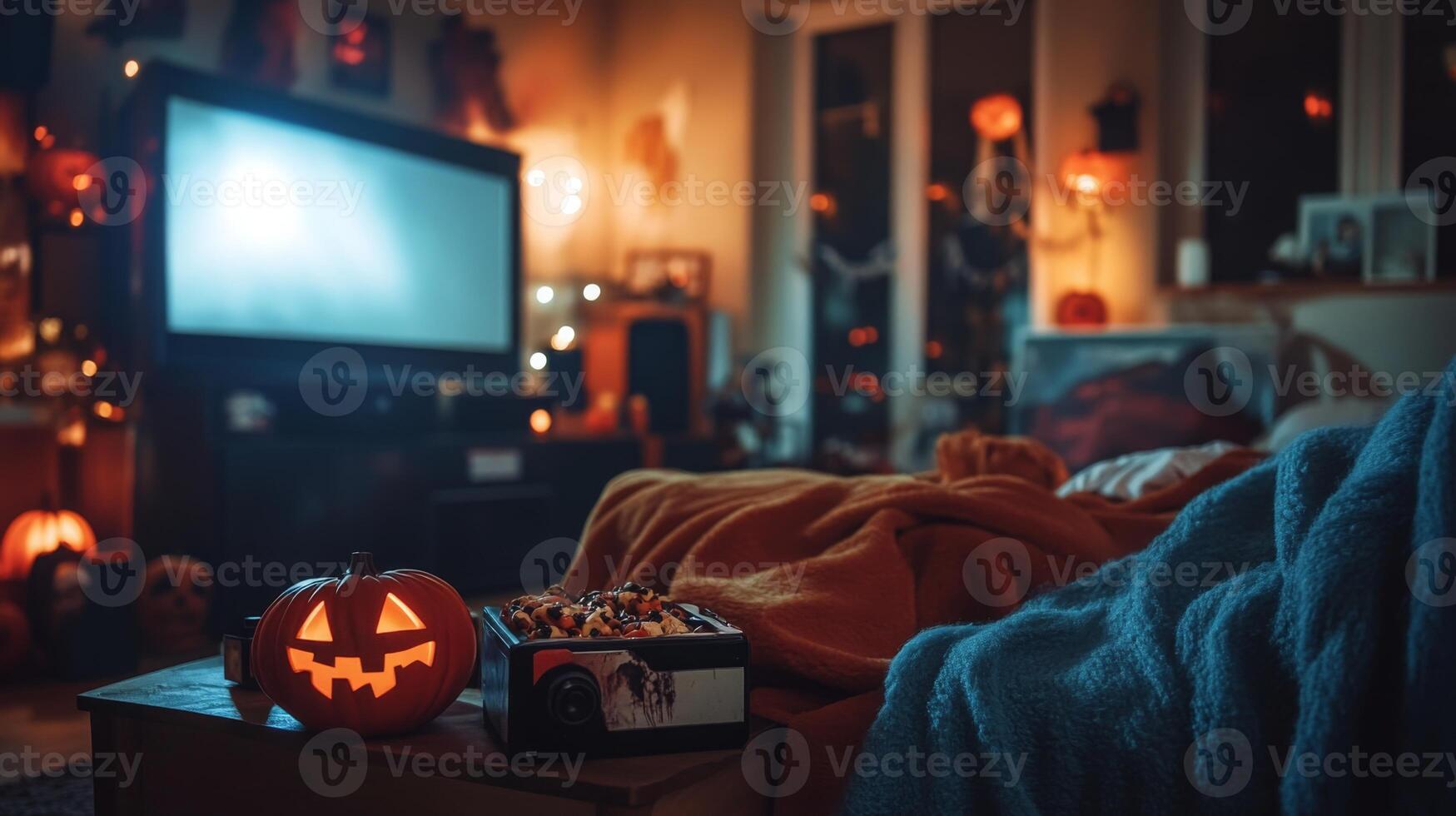 A warm and inviting room is filled with Halloween decorations, soft blankets, and a carved pumpkin glowing next to a bowl of snacks, perfect for a cozy movie night during the season. photo