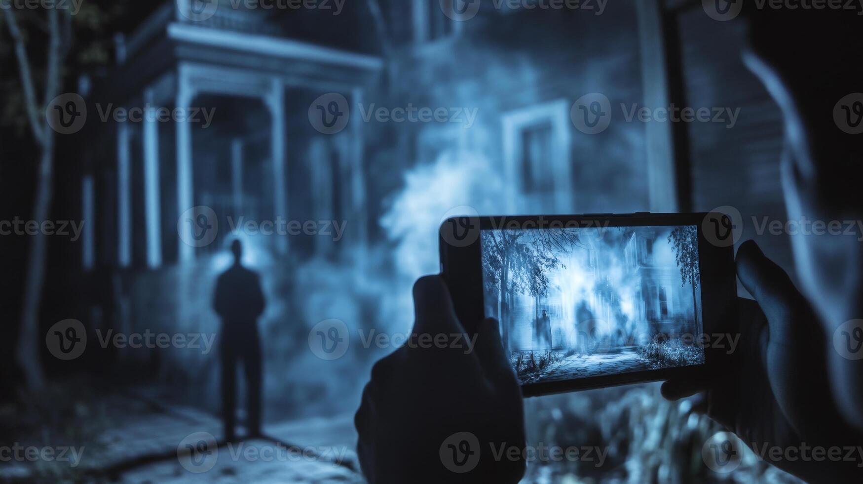 A person stands outside an old, abandoned house, capturing a shadowy figure with a smartphone while fog envelops the setting, creating a mysterious atmosphere under the night sky. photo