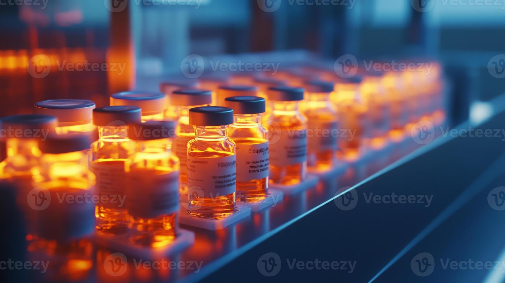 Rows of glowing vaccine vials are presented on a production line in a state-of-the-art laboratory, illuminated by soft lighting as dusk approaches, showcasing advanced pharmaceutical manufacturing. photo