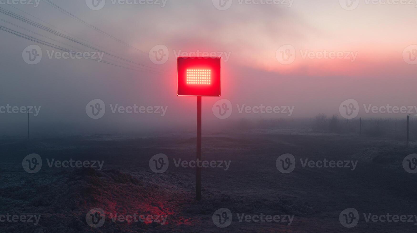 A red light, emanating from a square sign on a pole, illuminates the foggy landscape at sunrise. The sky is a soft pink, while the foreground is obscured by mist. photo