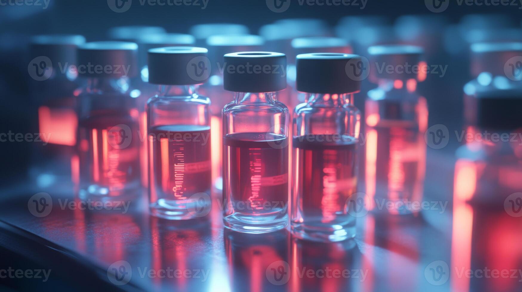 Several glass vials filled with a red liquid are lined up on a reflective surface. The vials are illuminated by blue and red light, creating a striking contrast photo