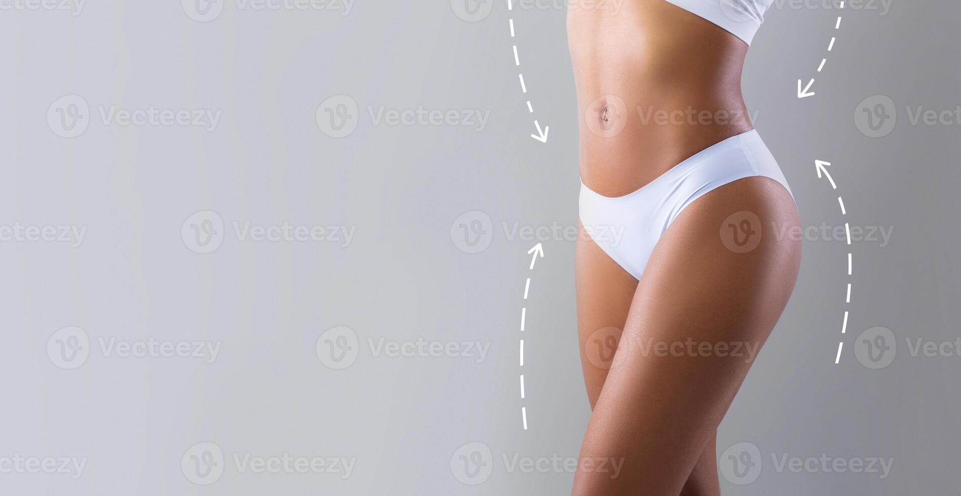 Weight loss concept. Cropped of slim well fit black woman in white underwear over grey background, panorama with copy space photo