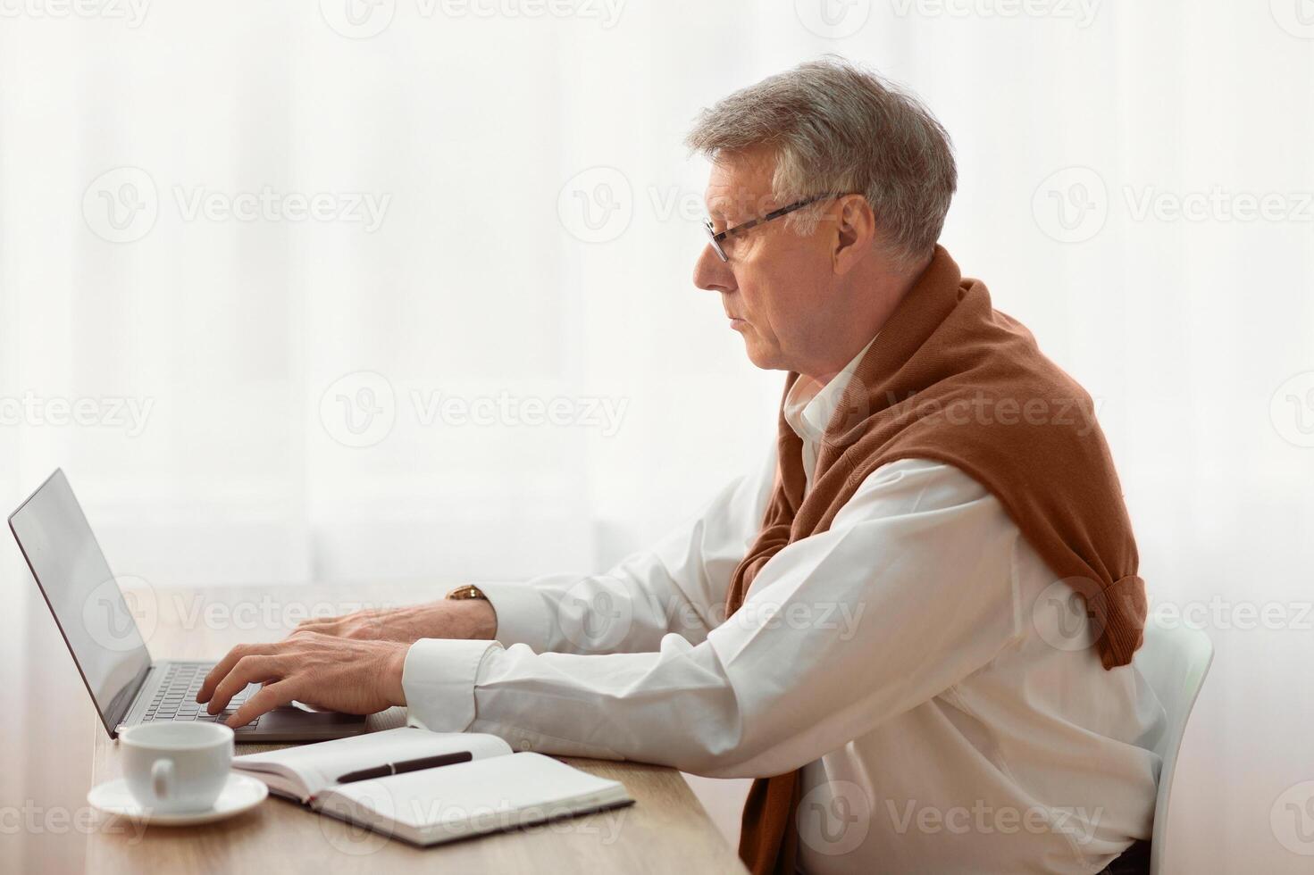 Senior Entrepreneur. Elderly Businessman Working On Laptop Computer Sitting Against Window In Modern Office. Side View photo