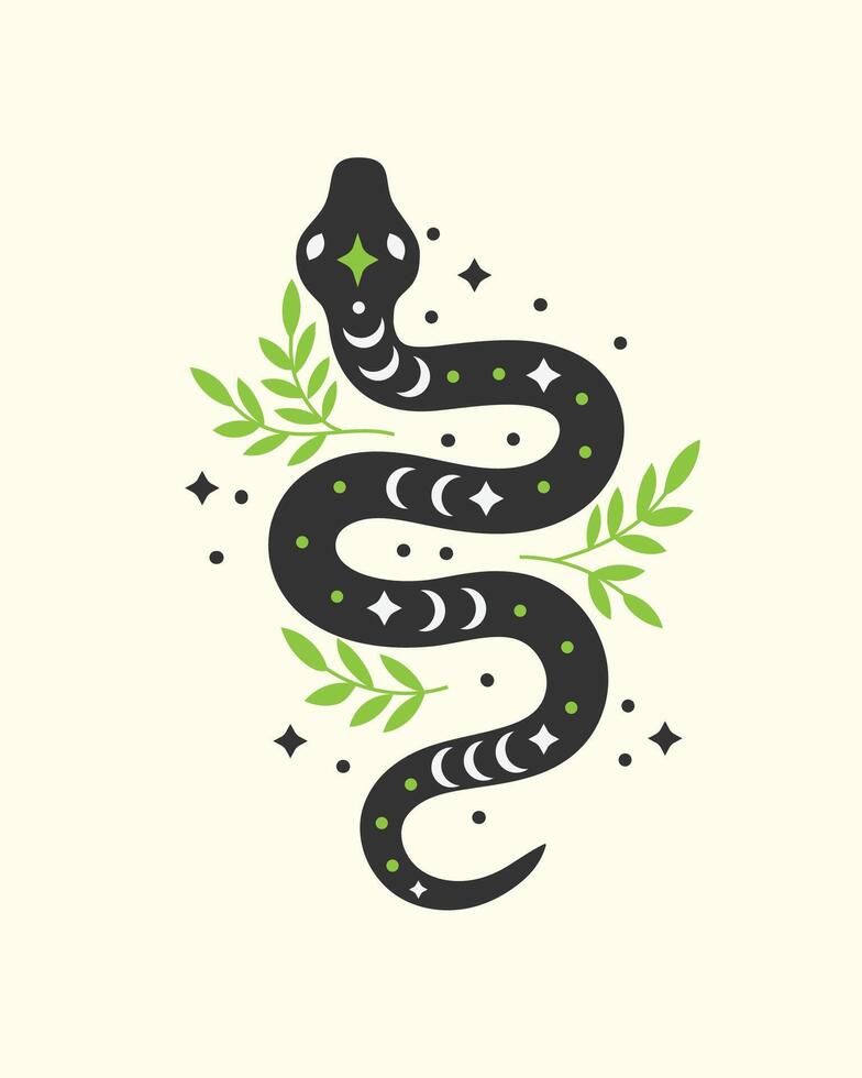 Mystical black snake silhouette with Floral illustration vector