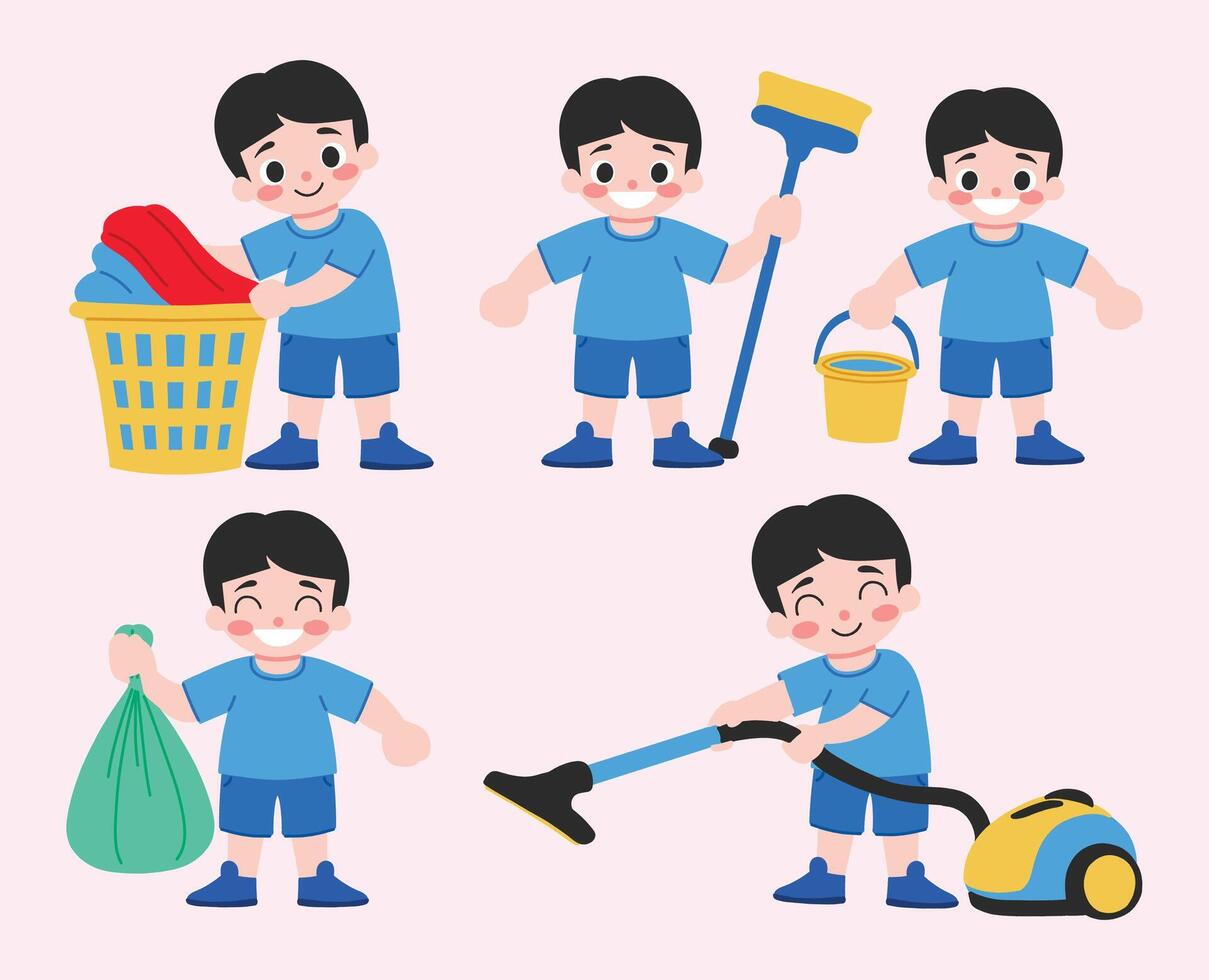 A boy in blue shirt and blue shorts is cleaning up his room vector
