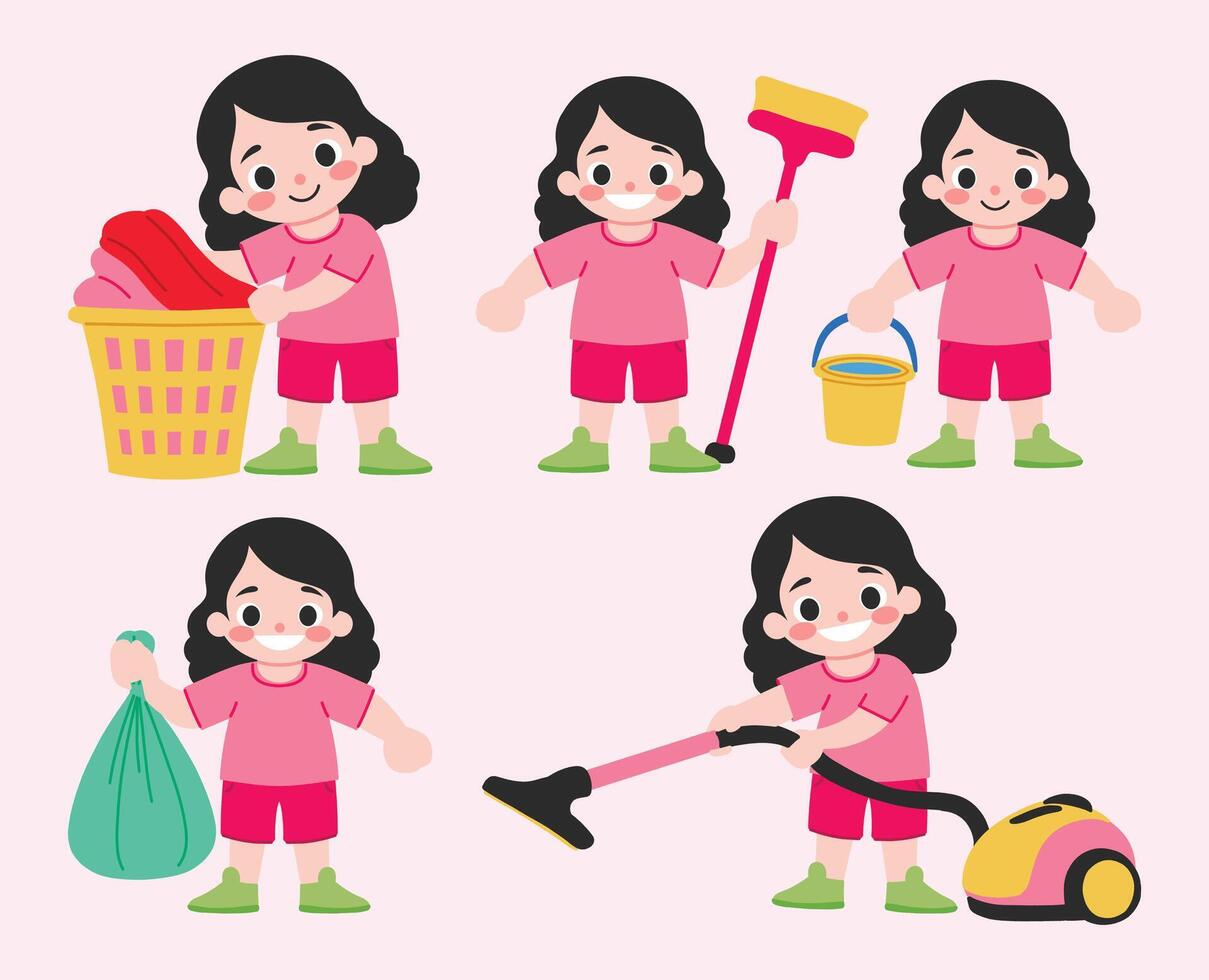 A girl in pink clothes is cleaning up her room vector