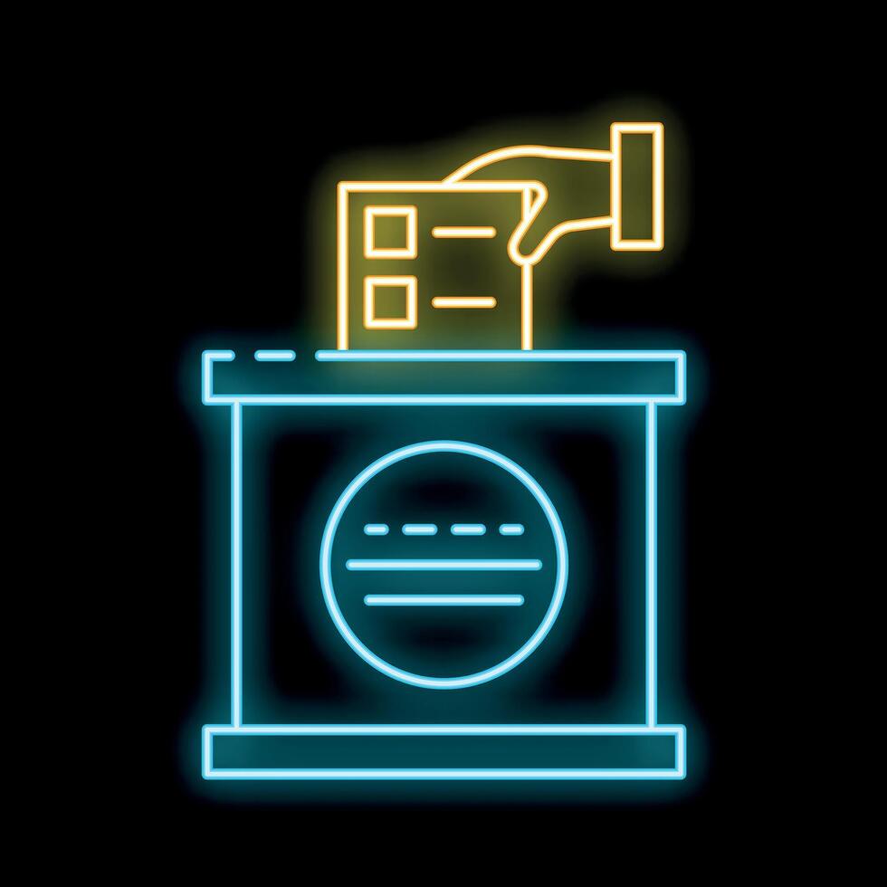 Hand putting voting paper in the ballot box neon sign icon on black background vector