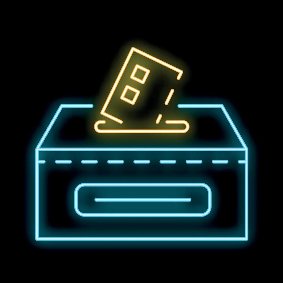 Neon sign representing ballot paper dropping in ballot box on black background vector