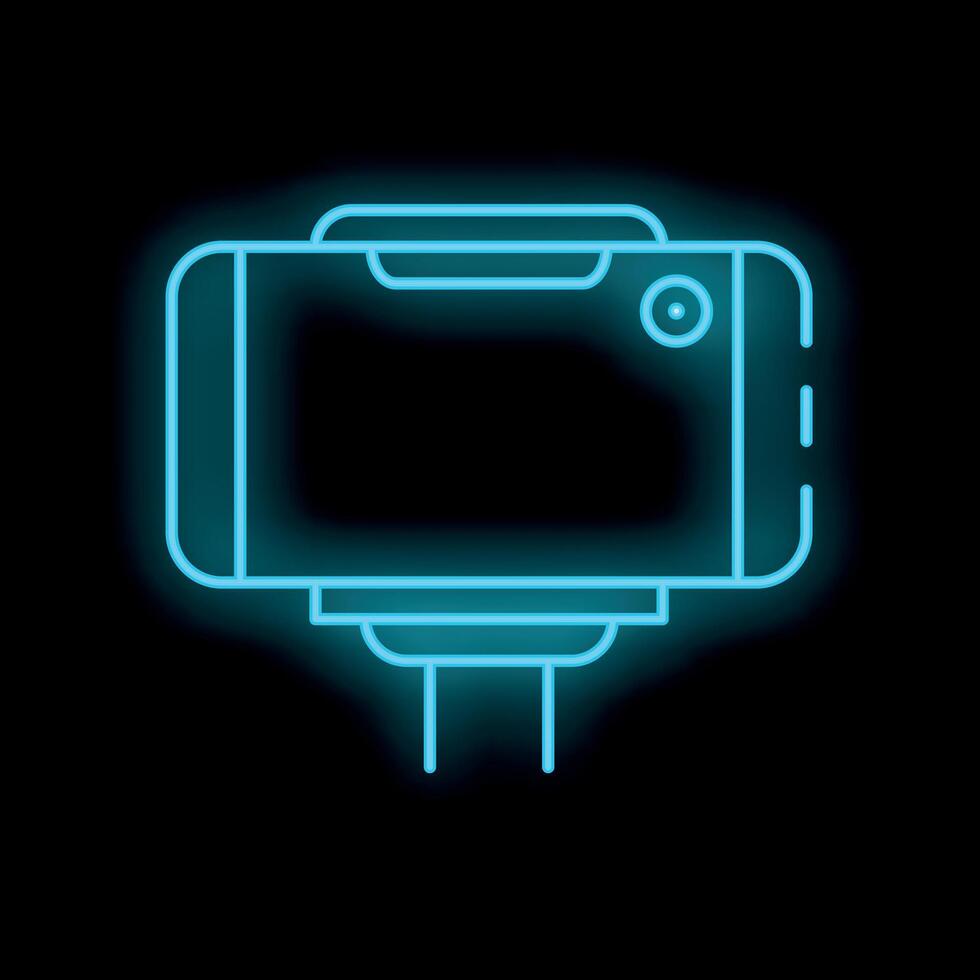 Smartphone with gimbal stabilizer blue neon icon illuminating black background vector