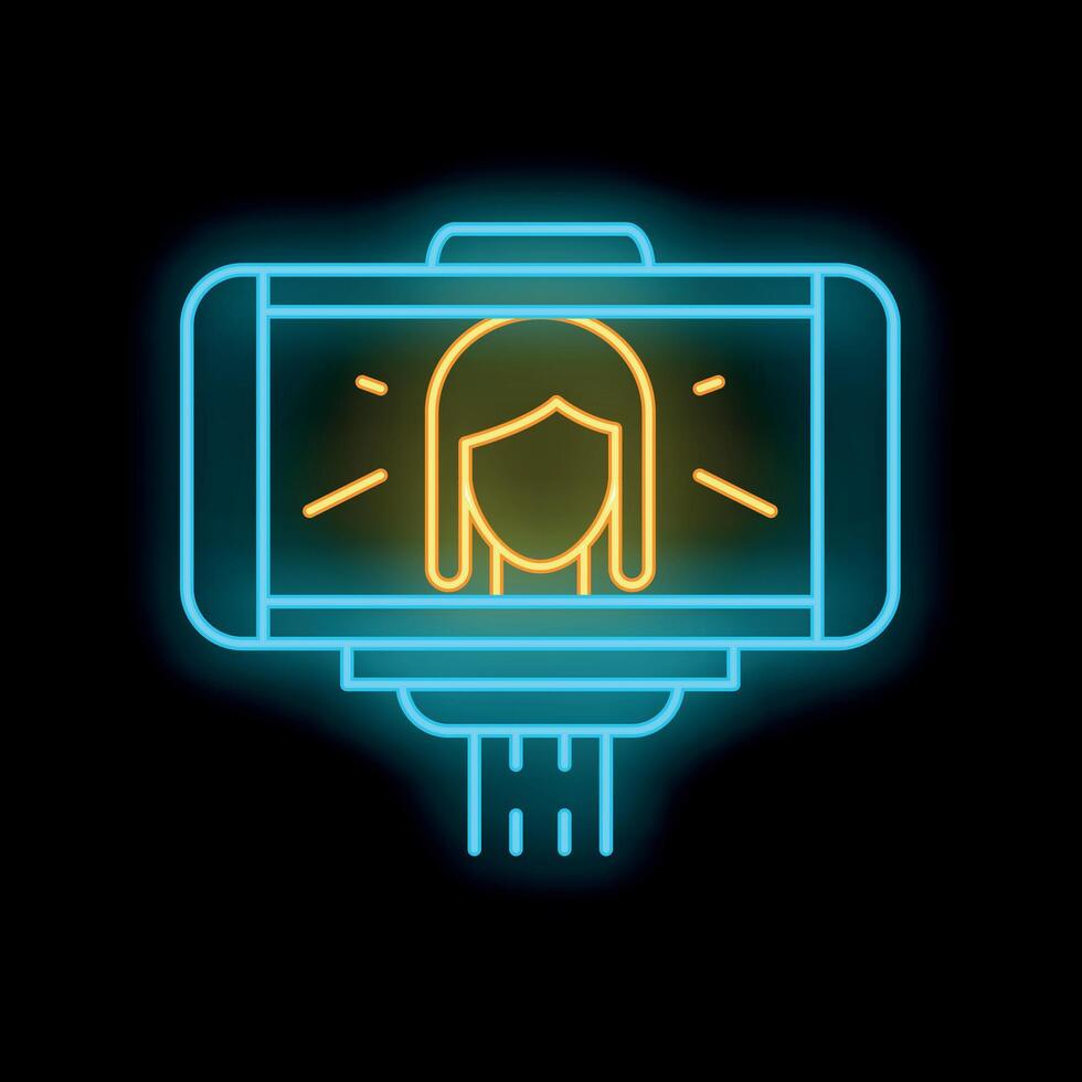 Neon icon of a woman taking a selfie with a selfie stick vector